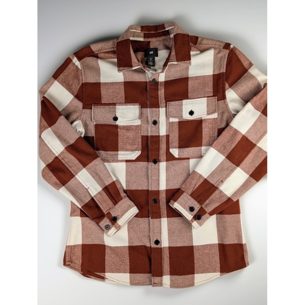 H&M Heavy Flannel Button Down Shirt Men's M Rust White Buffalo Plaid